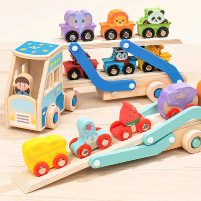 Fidtoy Jouet Camion de Dépannage en Bois pour Tout-Petits, Jouet d'Apprentissage Montessori avec Blocs d'Animaux pour la Motricité Fine et la Créativité