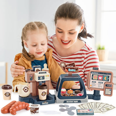 Juego de café de juguete para niños pequeños, tienda de juegos de cocina, juego de café, postres, compras con cafetera, caja registradora, juguete para niños de 3 años en adelante