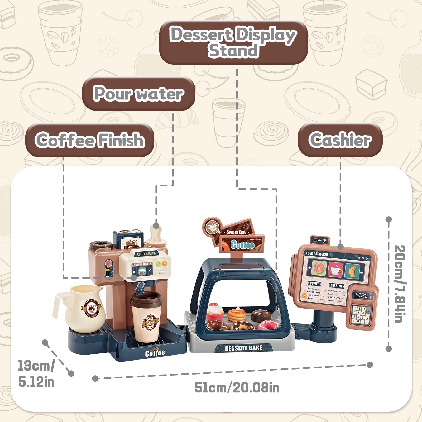 Juego de café de juguete para niños pequeños, tienda de juegos de cocina, juego de café, postres, compras con cafetera, caja registradora, juguete para niños de 3 años en adelante