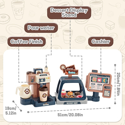 Juego de café de juguete para niños pequeños, tienda de juegos de cocina, juego de café, postres, compras con cafetera, caja registradora, juguete para niños de 3 años en adelante