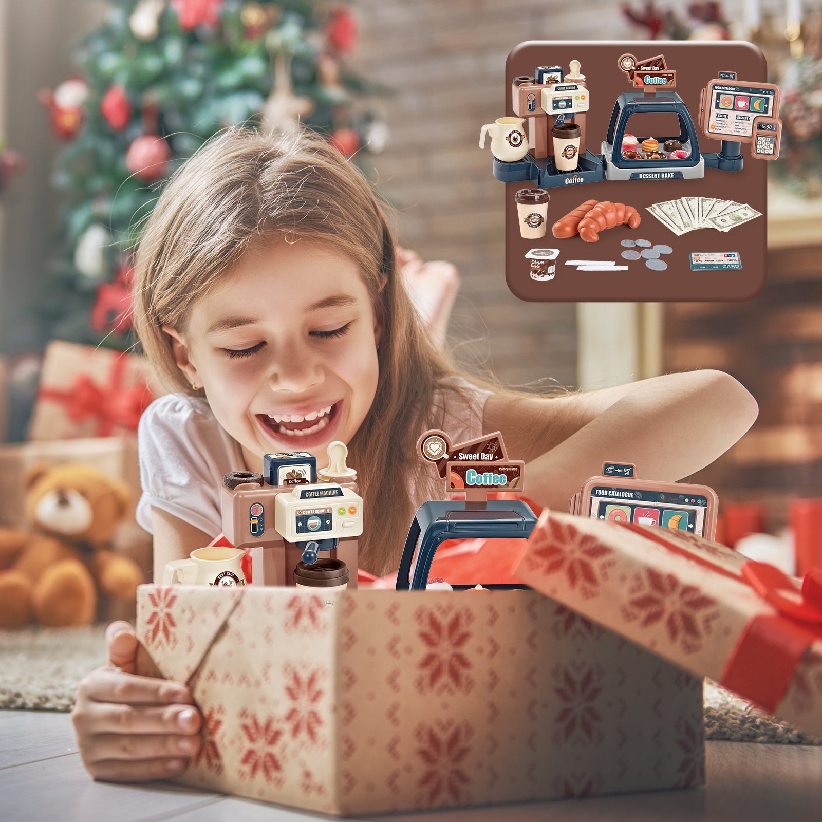 Juego de café de juguete para niños pequeños, tienda de juegos de cocina, juego de café, postres, compras con cafetera, caja registradora, juguete para niños de 3 años en adelante