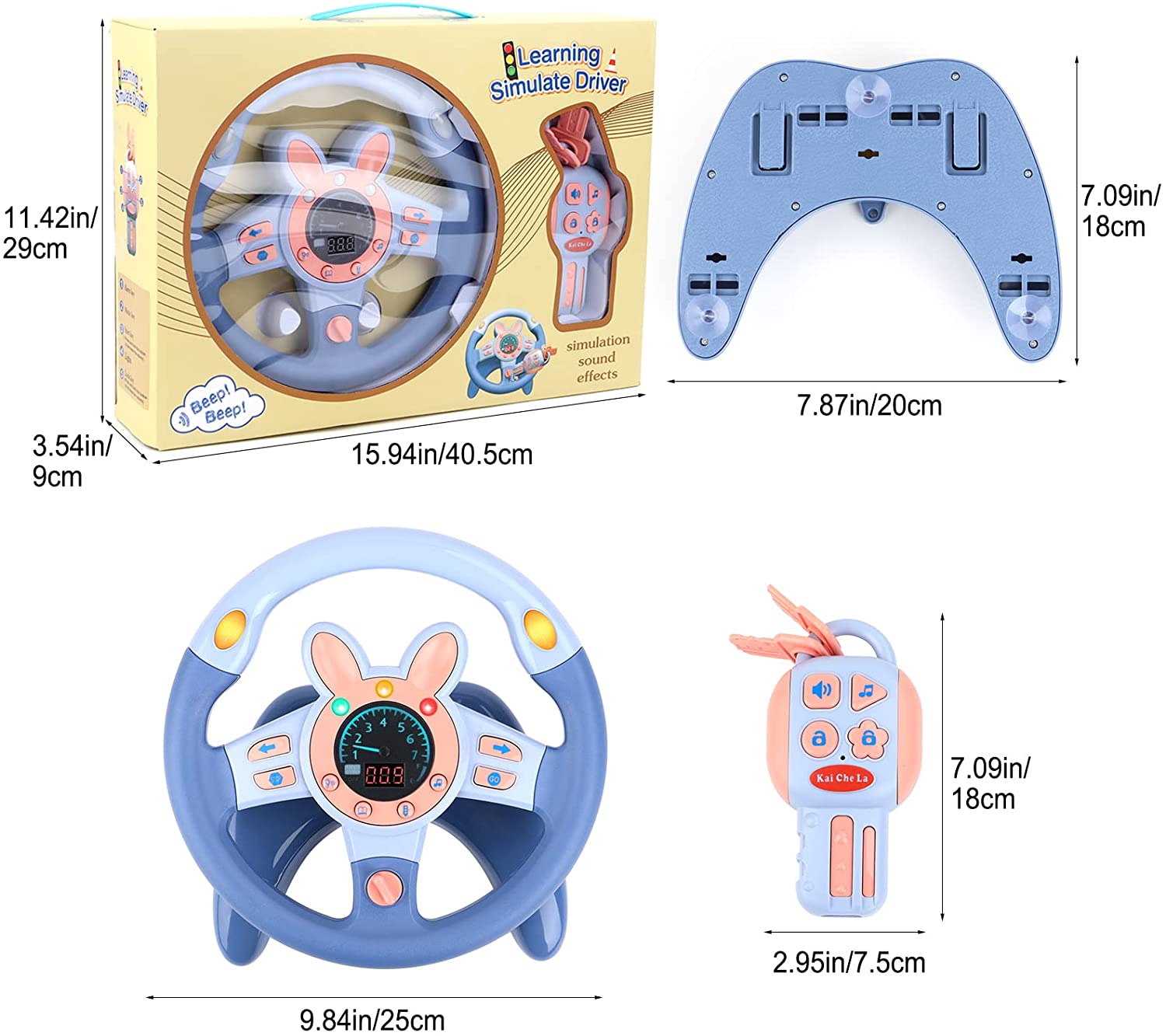 Volant pour voiture de siège arrière, jouet de volant de simulation de conduite, jouet éducatif lumineux et musical pour enfants, bleu