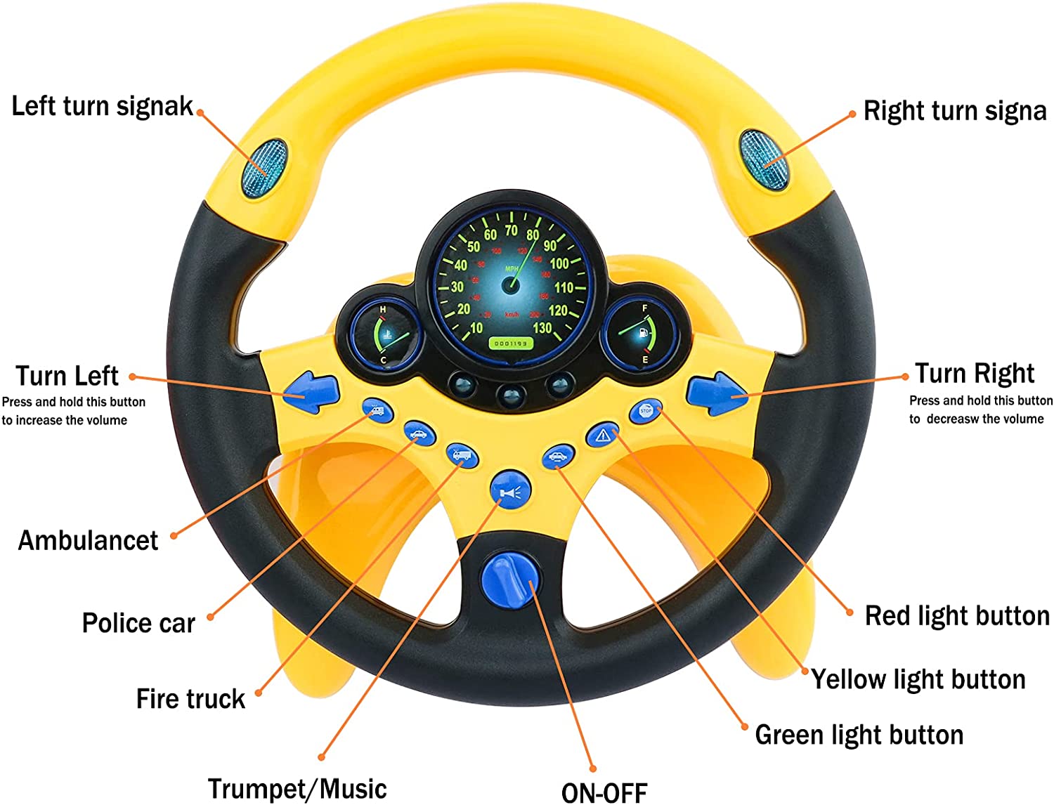 Volante para coche, asiento trasero, simulación de conducción, juguete con volante, luces y música, regalos educativos para niños - Amarillo