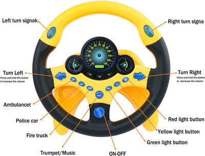 Volante para coche, asiento trasero, simulación de conducción, juguete con volante, luces y música, regalos educativos para niños - Amarillo