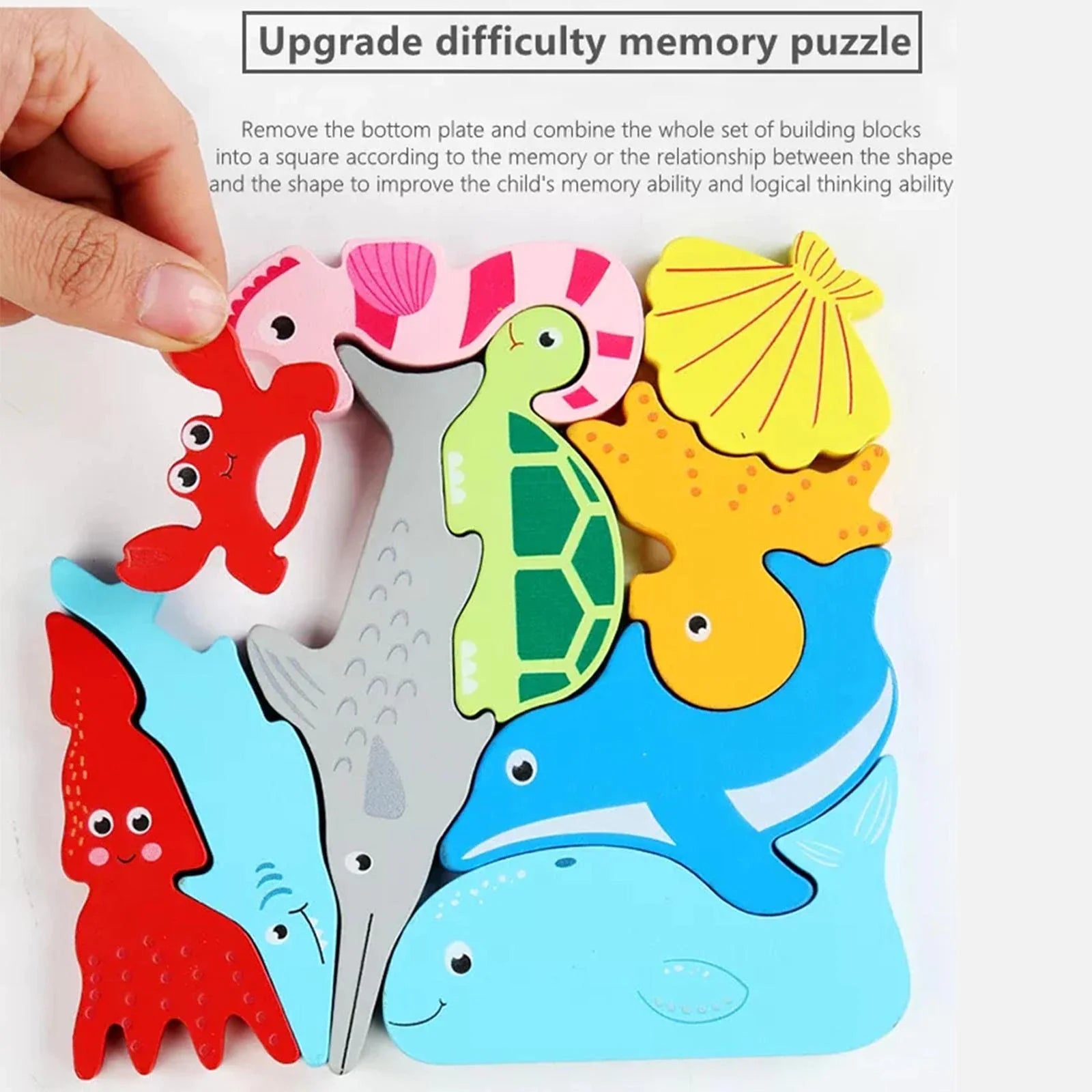 Puzle de Madera de Animales Marinos para Niños, Puzle de Bloques de Animales Cuadrado
