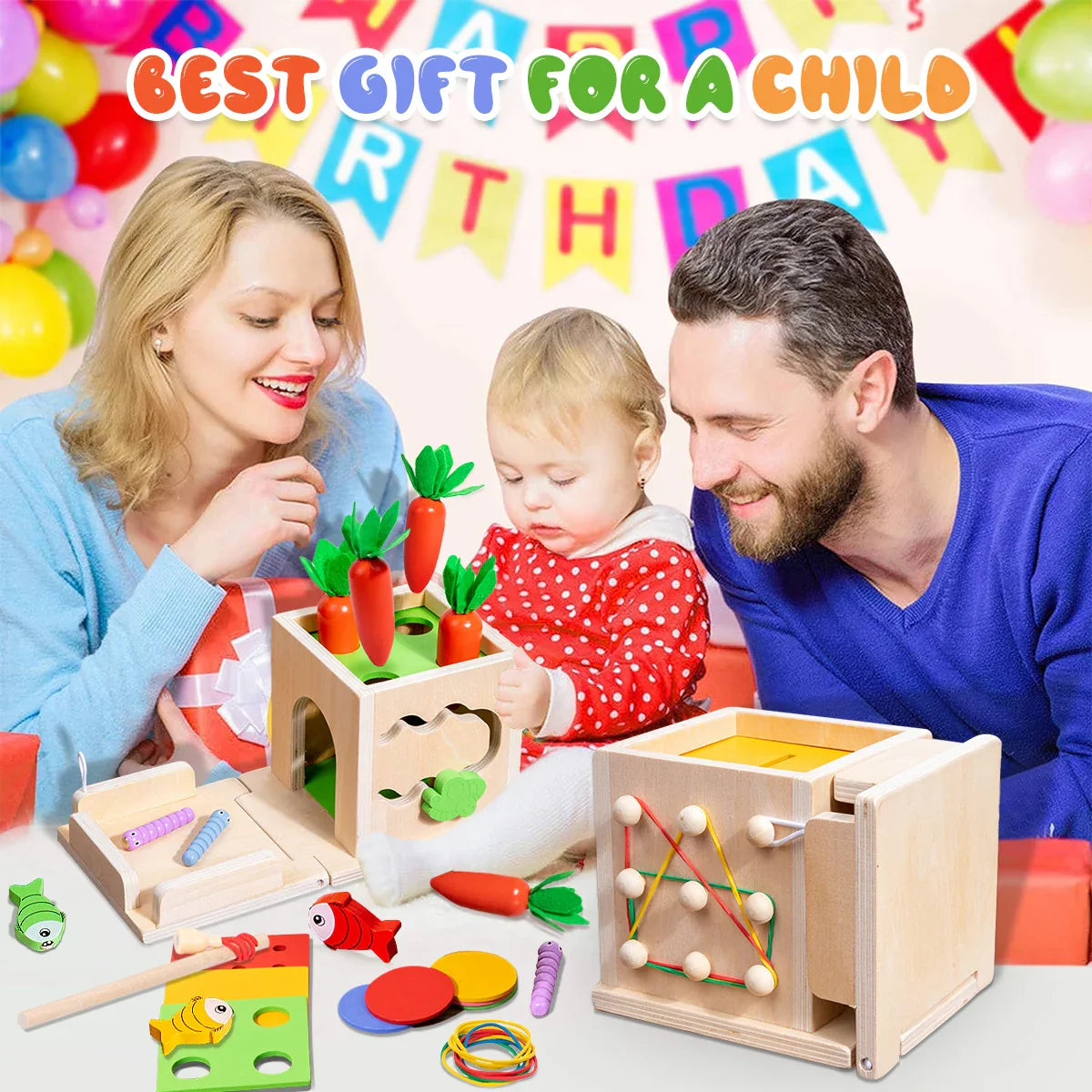 Fidtoy Montessori Wooden Object Permanence Box – 8-in-1 Shape Sorting Activity Toy for Toddlers