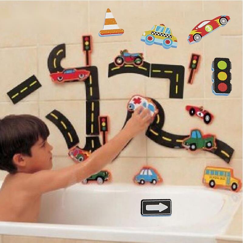 Fidtoy Bath Time Traffic Toys – Foam Road Bath Toys for Toddlers Wall Stick Play Set