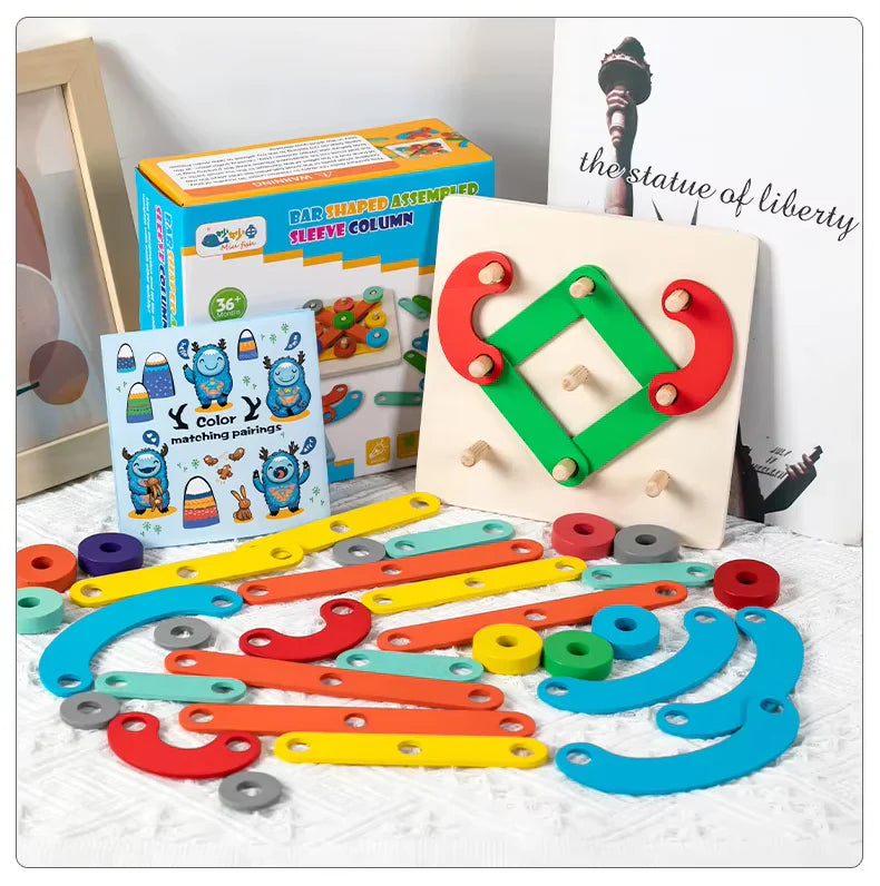 Fidtoy Wooden Bar Shaped Assembled Sleeve Column Puzzle Board for Kids | 26-Piece Alphabet Construction Blocks, Color Recognition, Shape Building, Fine Motor & Creative Stacking Toy Age 3+