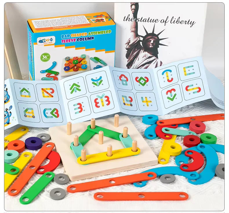 Fidtoy Wooden Bar Shaped Assembled Sleeve Column Puzzle Board for Kids | 26-Piece Alphabet Construction Blocks, Color Recognition, Shape Building, Fine Motor & Creative Stacking Toy Age 3+