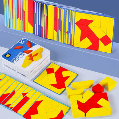 Fidtoy Creative Pattern Wooden Puzzle for Kids Ages 3+, 14 Wooden Blocks with 60 Double-Sided Pattern Cards, Geometric Tabletop Brain Game in Colorful Tin Box