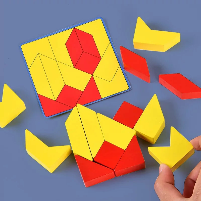 Fidtoy Creative Pattern Wooden Puzzle for Kids Ages 3+, 14 Wooden Blocks with 60 Double-Sided Pattern Cards, Geometric Tabletop Brain Game in Colorful Tin Box