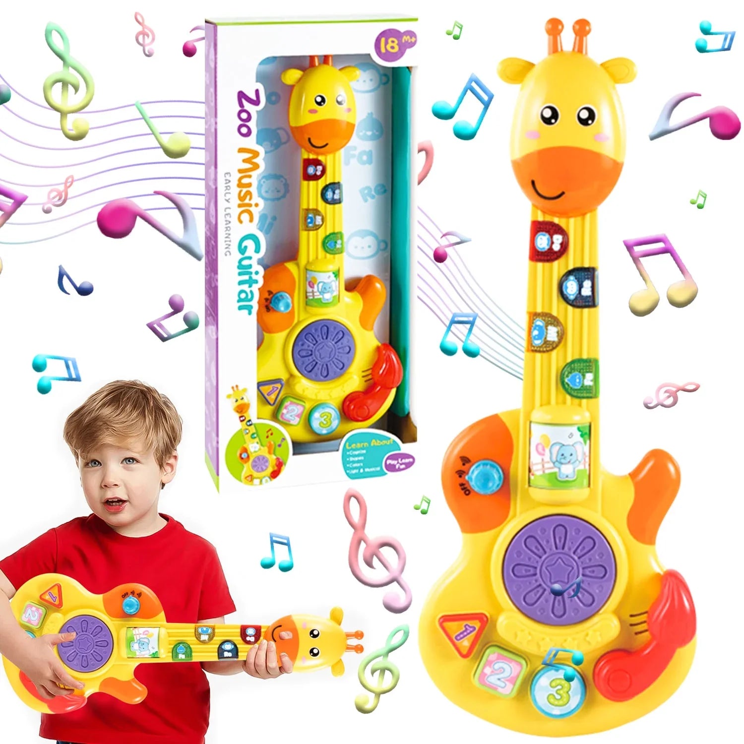 Fidtoy Giraffe Musical Guitar Toy for Toddlers – Light Up Kids Guitar with Piano, Drum, Animal Sounds, Shape Matching, and Music Modes