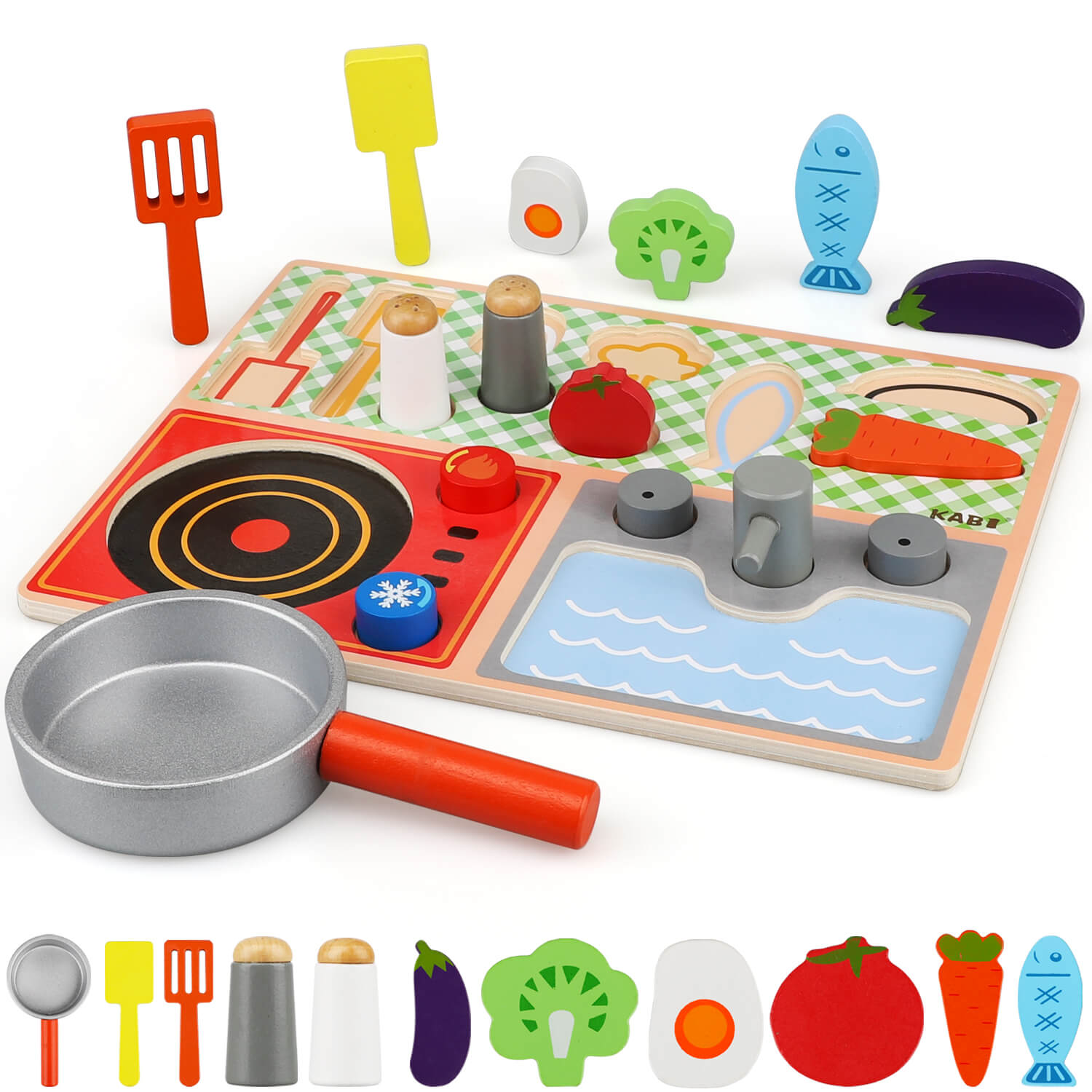Fidtoy Wooden Kitchen Puzzle Play Set with Food Accessories