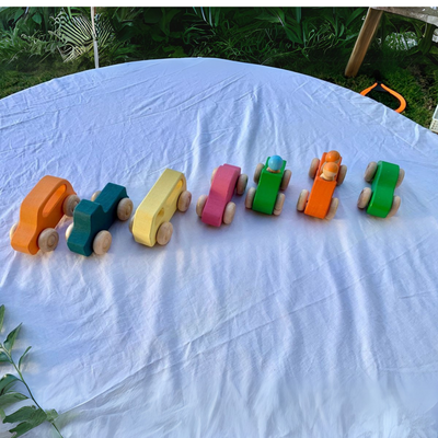 Voitures et poupées arc-en-ciel en bois – Ensemble de 10 pièces