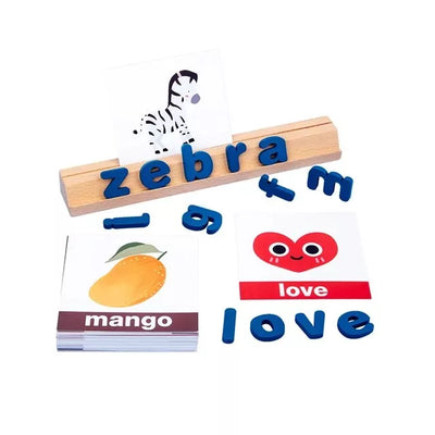 Fidtoy Zebra Vocabulary Building Wooden Spelling Game, Wooden Preschool Word Matching Toy with 78 Letter Blocks, 50 Cards and Wooden Card Slot Ages 3+