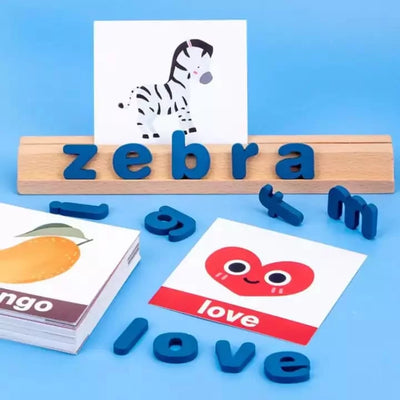 Fidtoy Zebra Vocabulary Building Wooden Spelling Game, Wooden Preschool Word Matching Toy with 78 Letter Blocks, 50 Cards and Wooden Card Slot Ages 3+