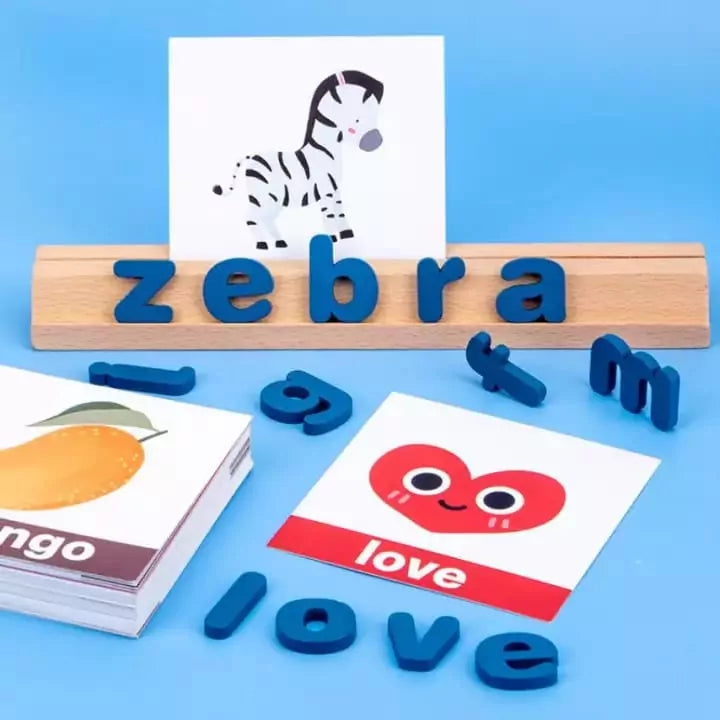 Fidtoy Zebra Vocabulary Building Wooden Spelling Game, Wooden Preschool Word Matching Toy with 78 Letter Blocks, 50 Cards and Wooden Card Slot Ages 3+