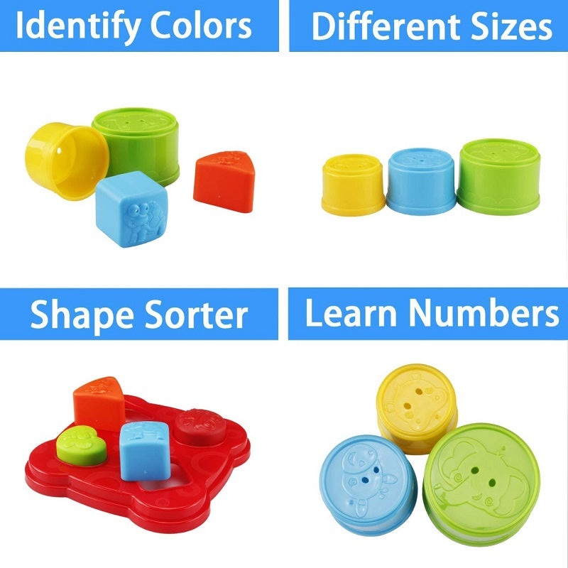 Fidtoy Rainbow Castle Stacking Cups Toy 15 Pieces Plastic Baby Nesting Cups with Cat Top for Bath Beach Color Sorting Ages 12M+