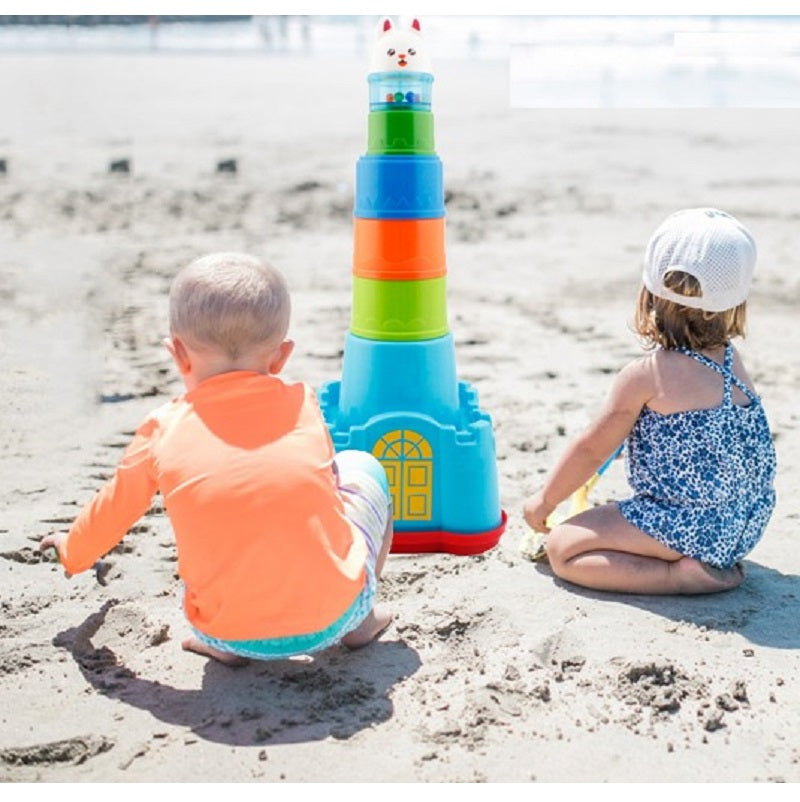Fidtoy Rainbow Castle Stacking Cups Toy 15 Pieces Plastic Baby Nesting Cups with Cat Top for Bath Beach Color Sorting Ages 12M+