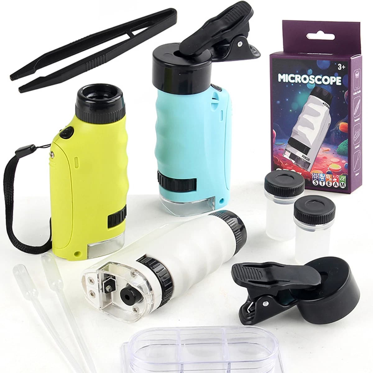 Fidtoy STEAM Portable Microscope Optics Experiment Kit for Kids, 250X Handheld Pocket Microscope with LED Light, Phone Connection and Manual Zoom