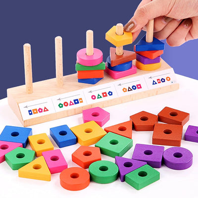 Fidtoy Wooden Shape Blocks Matching Game with Pattern Cards for Kids, 35-Piece Color and Shape Recognition Educational Toy with 16 Cards, Fine Motor and Spatial Awareness Game Age 3+