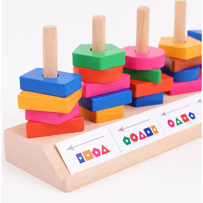Fidtoy Wooden Shape Blocks Matching Game with Pattern Cards for Kids, 35-Piece Color and Shape Recognition Educational Toy with 16 Cards, Fine Motor and Spatial Awareness Game Age 3+