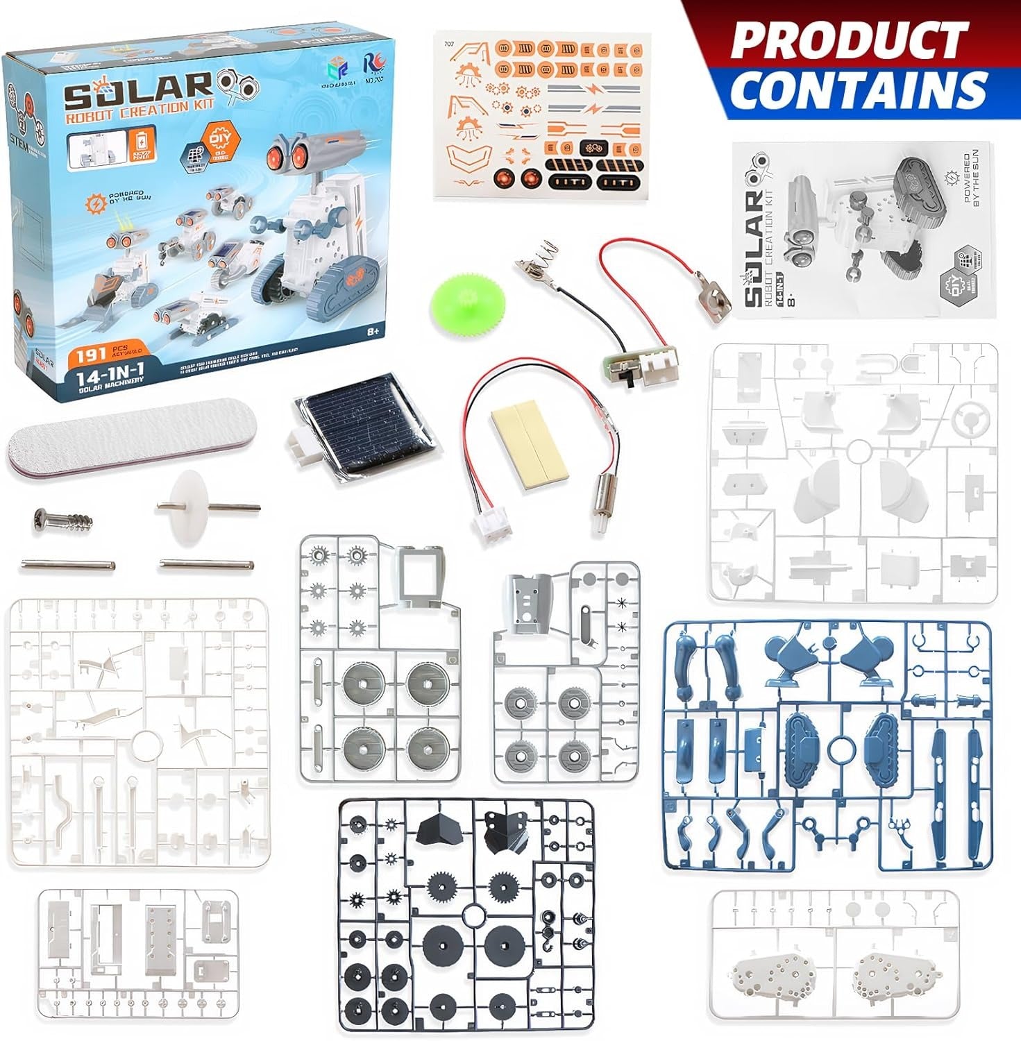 Fidtoy Solar Power Robotics Kit 14 Models in 1, 191-Piece Plastic STEM Robot Building Toy with Solar and AAA Battery Play, Engineering Learning Kit for Kids