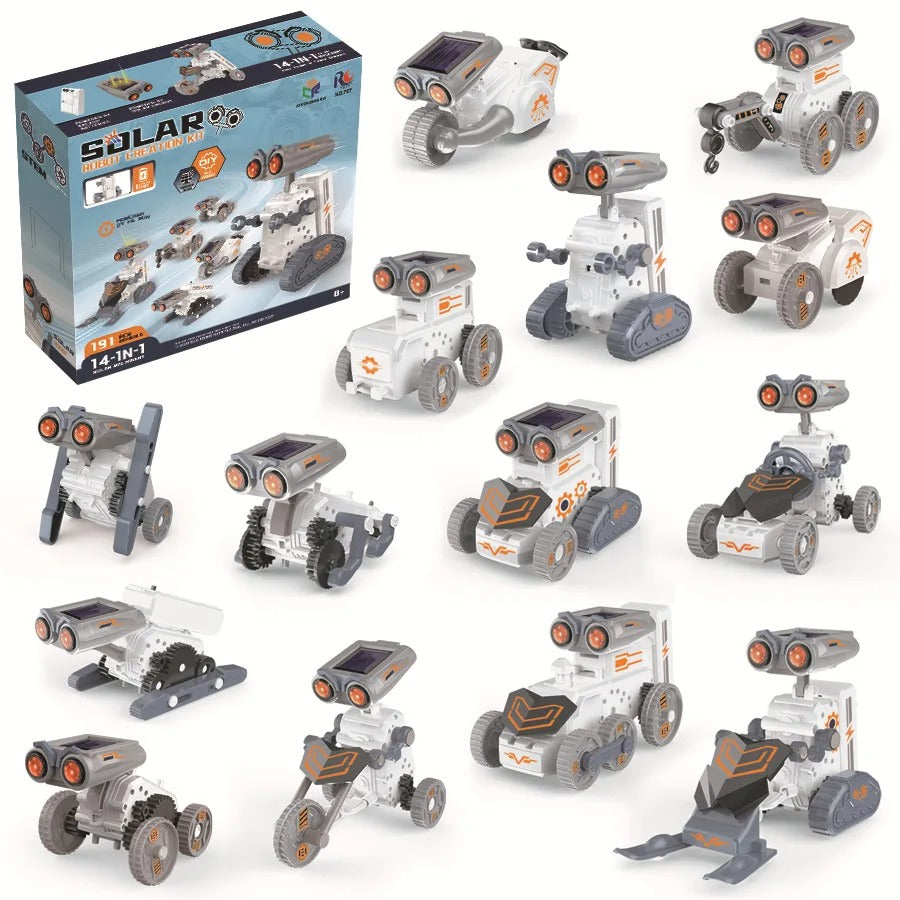 Fidtoy Solar Power Robotics Kit 14 Models in 1, 191-Piece Plastic STEM Robot Building Toy with Solar and AAA Battery Play, Engineering Learning Kit for Kids