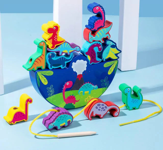Juego de equilibrio y cordones de dinosaurios de madera - 12 piezas