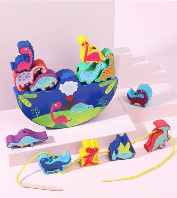 Juego de equilibrio y cordones de dinosaurios de madera - 12 piezas