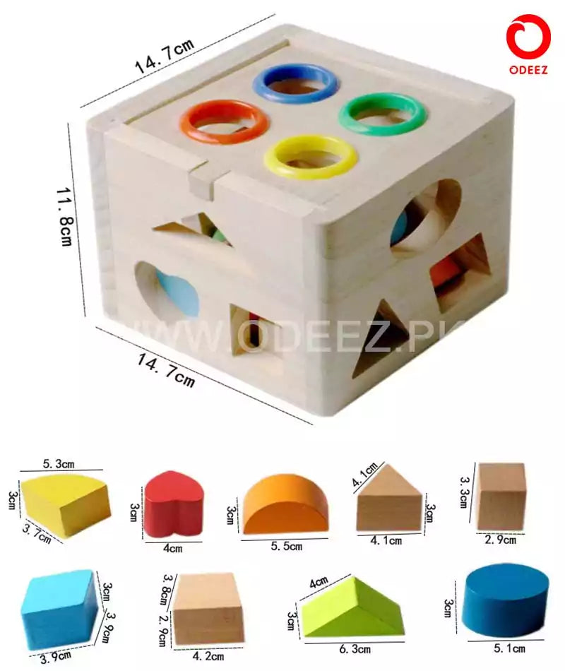 Fidtoy Wooden Activity Cube Shape Sorter and Hammering Toy with 13 Shapes and 4 Balls for Toddlers