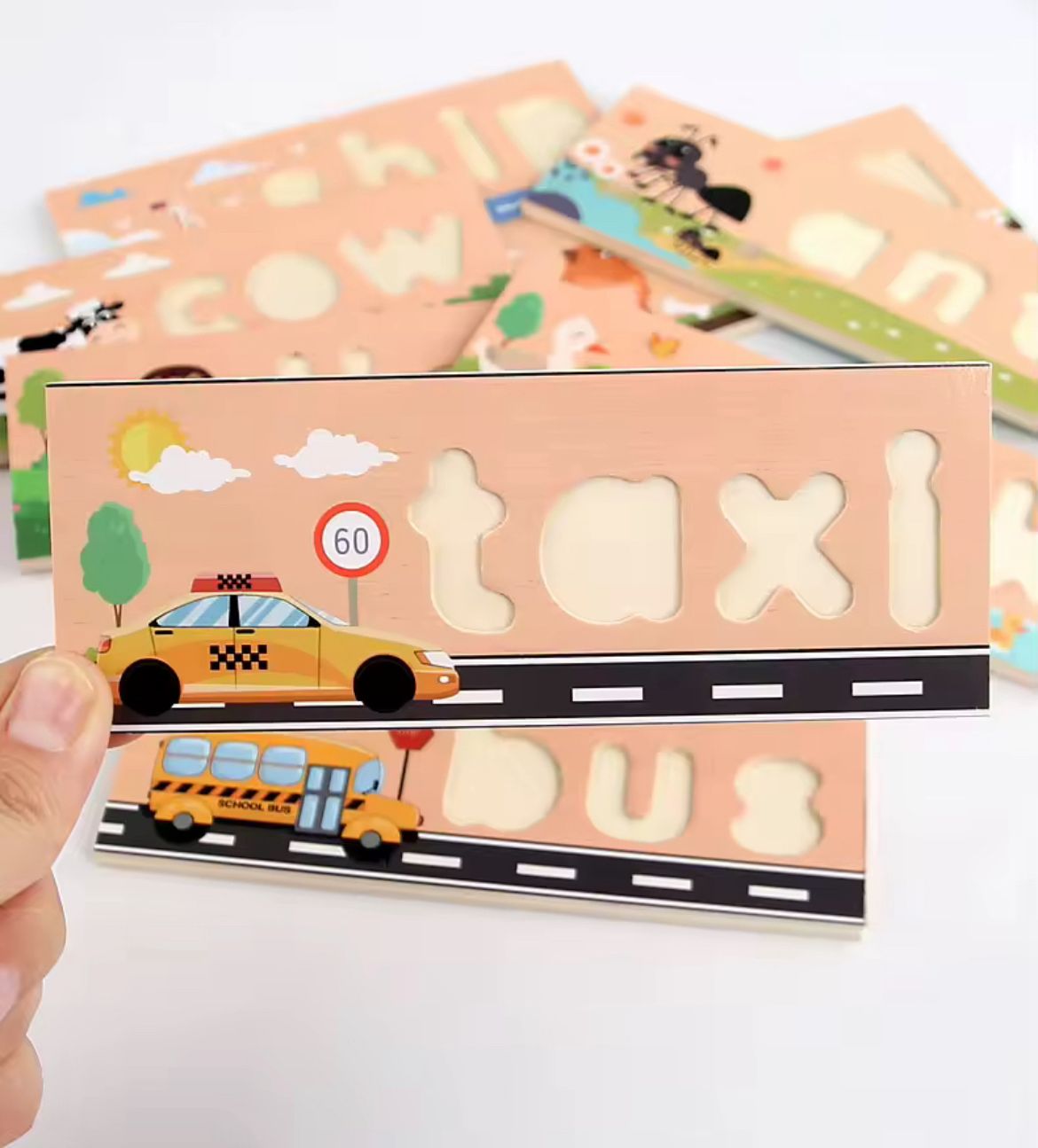 Wooden Spelling Puzzle with Lowercase Letters - Phonics and Word Matching Game for Preschoolers
