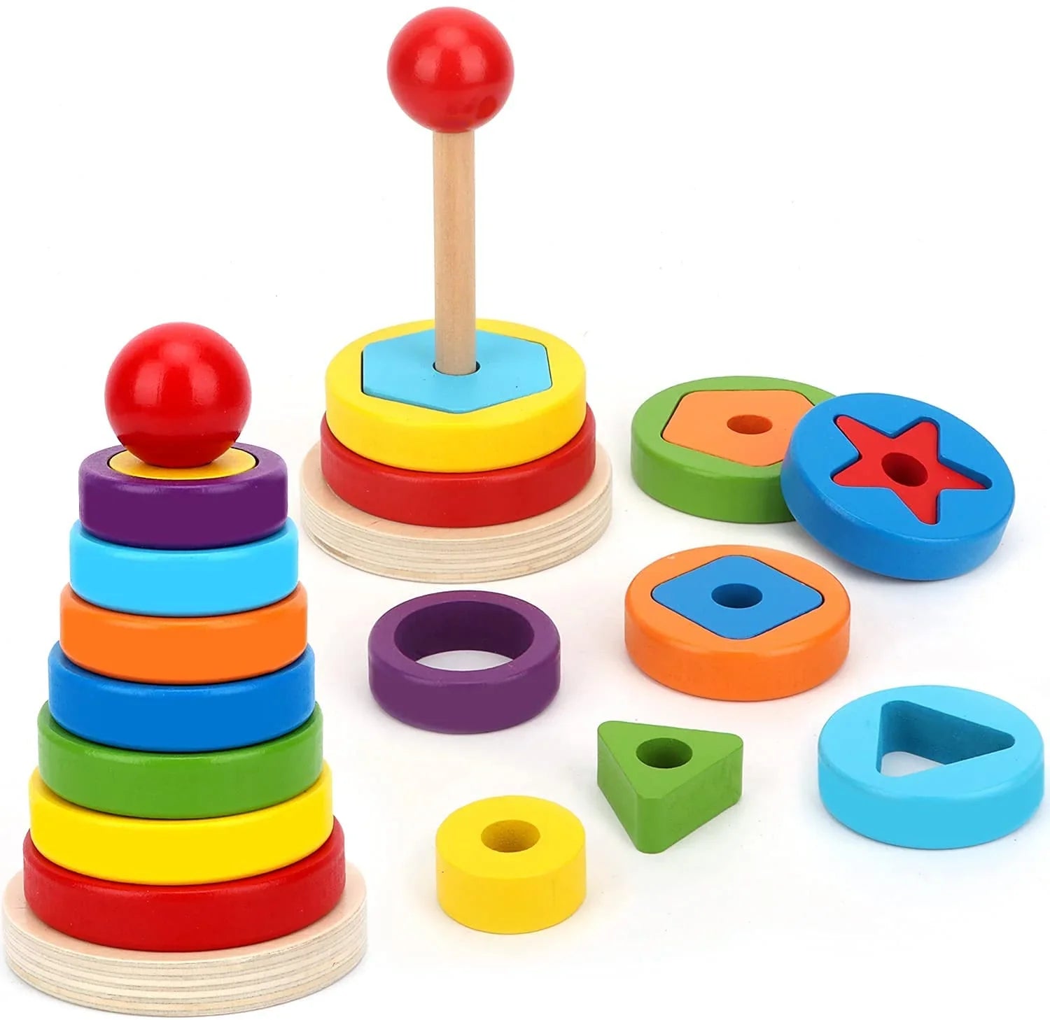 Fidtoy Torre apilable de anillos de madera arcoíris para niños pequeños, juguete Montessori para el tiempo de tranquilidad, juego en casa, clasificación de colores, desarrollo de habilidades motoras finas, juguete educativo