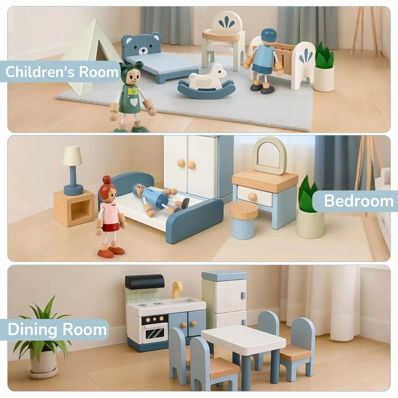 Wooden Dollhouse Furniture Set - 36 Pieces