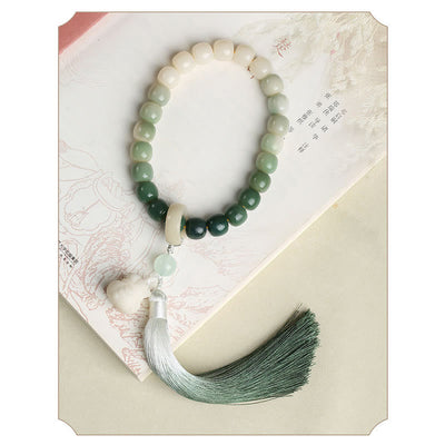 Buddha Stones Natural Gradient Bodhi Seed Fortune Money Bag Lotus Wisdom Tassel Wrist Mala Wrist Mala BS 4