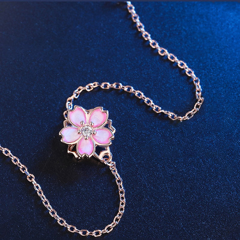 Buddha Stones 925 Sterling Silver Cherry Blossom Blessing Chain Bracelet Rotatable Ring Bracelet BS 8