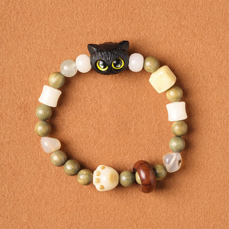 Bracelet de paix Foviel avec tête et patte de chat en graine de Bodhi, bois de santal vert, bois d'ébène et bois de santal rouge à petites feuilles