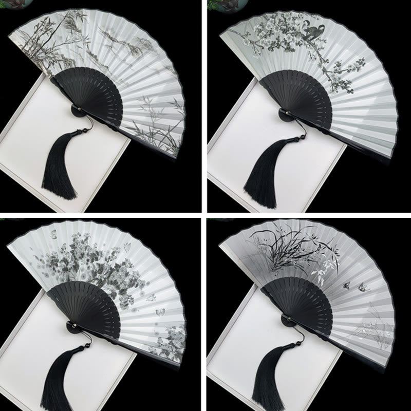 Buddha Stones Vintage Bamboo Peony Butterfly Lotus Handheld Silk Folding Fan With Bamboo Frames Folding Fan BS 16