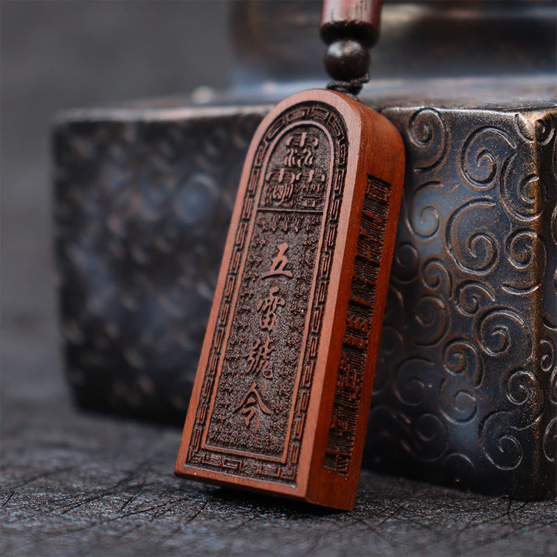 Buddha Stones Lightning Struck Jujube Wood Taoist Five Thunder Order Luck Protection Necklace Pendant 2
