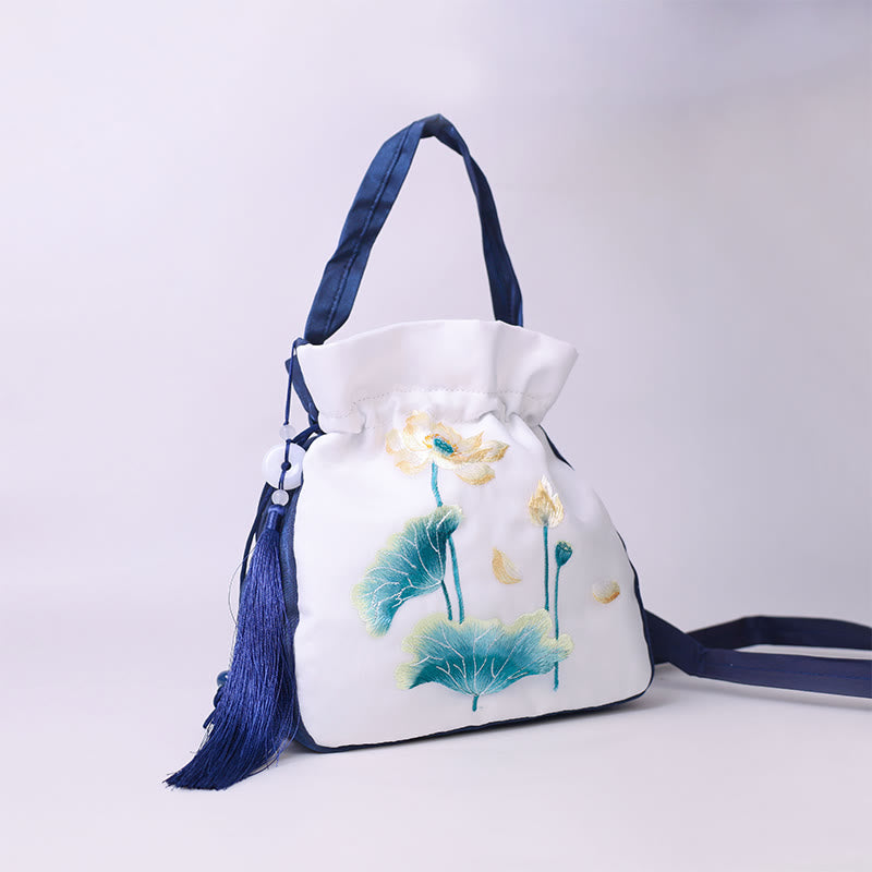 Buddha Stones Suzhou Embroidery Rabbit Lotus Epiphyllum Peony Magnolia Silk Tote Crossbody Bag Shoulder Bag Handbag Crossbody Bag BS 13