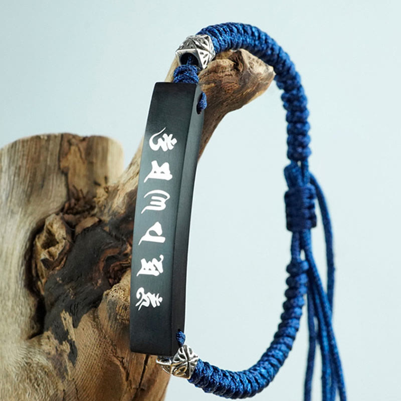 Buddha Stones Buddhism Six True Words Wood Ebony Wood Silver Inlaid Protection Bracelet Bracelet BS 2