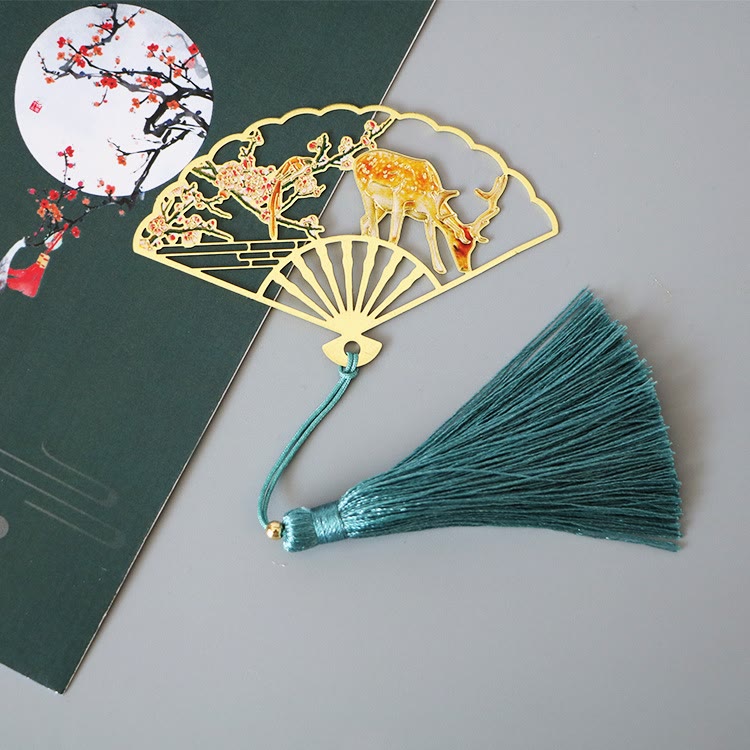 Buddha Stones Traditional Butterfly Lotus Flower Crane Dragon Phoenix Fox Koi Fish New Beginning Metal Brass Hollow Fan Bookmarks Bookmarks BS Deer