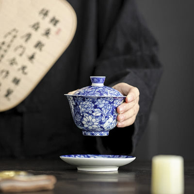 Buddha Stones Vintage Blue And White Porcelain Ceramic Gaiwan Sancai Teacup Kung Fu Tea Cup And Saucer With Lid Cup BS 2