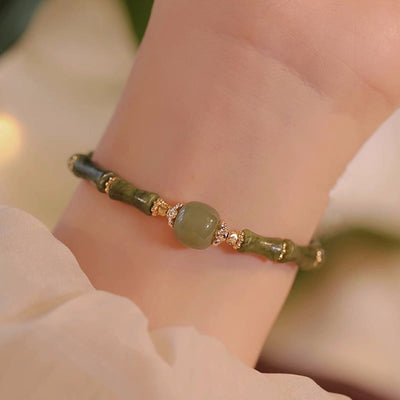 Buddha Stones 14K Copper Plated Peridot Hetian Jade Bamboo Pattern Luck Bracelet Bracelet BS Green Hetian Jade Bead Peridot Bamboo(Wrist Circumference 14-15cm)