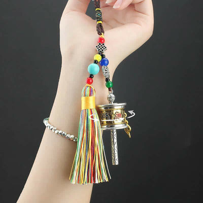 Buddha Stones Tibet Om Mani Padme Hum Prayer Wheel Tassel Bag Car Hanging Decoration Car Hanging Decoration BS 4