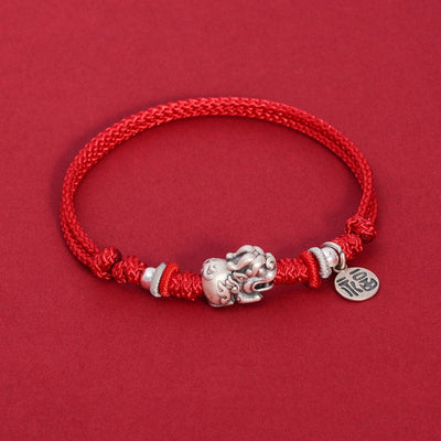 Buddha Stones 925 Sterling Silver PiXiu Fu Character Wealth Luck Handmade Braided Bracelet Bracelet BS Red Rope(Wrist Circumference 14-17cm)