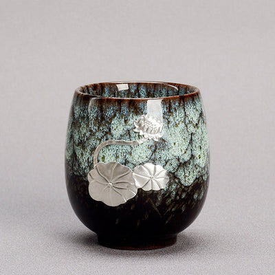 Buddha Stones Silver Lotus Flower Leaf Chinese Jianzhan Ceramic Teacup Kung Fu Tea Cup 150ml Jian Zhan Tea Cup BS Green Brown 6cm*7.5cm*150ml
