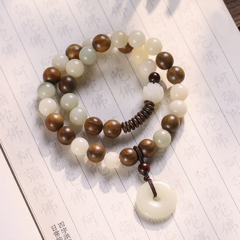 Buddha Stones Bodhi Seed Green Sandalwood Lotus Peace Buckle Harmony Double Wrap Bracelet Bracelet BS Bodhi Seed&Green Sandalwood