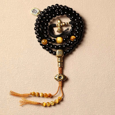 Buddha Stones Tibetan 108 Mala Beads Black Onyx Tiger Eye Beads Nine Palaces Bagua Protection Bracelet Mala Bracelet BS Black Onyx&Copper 8mm