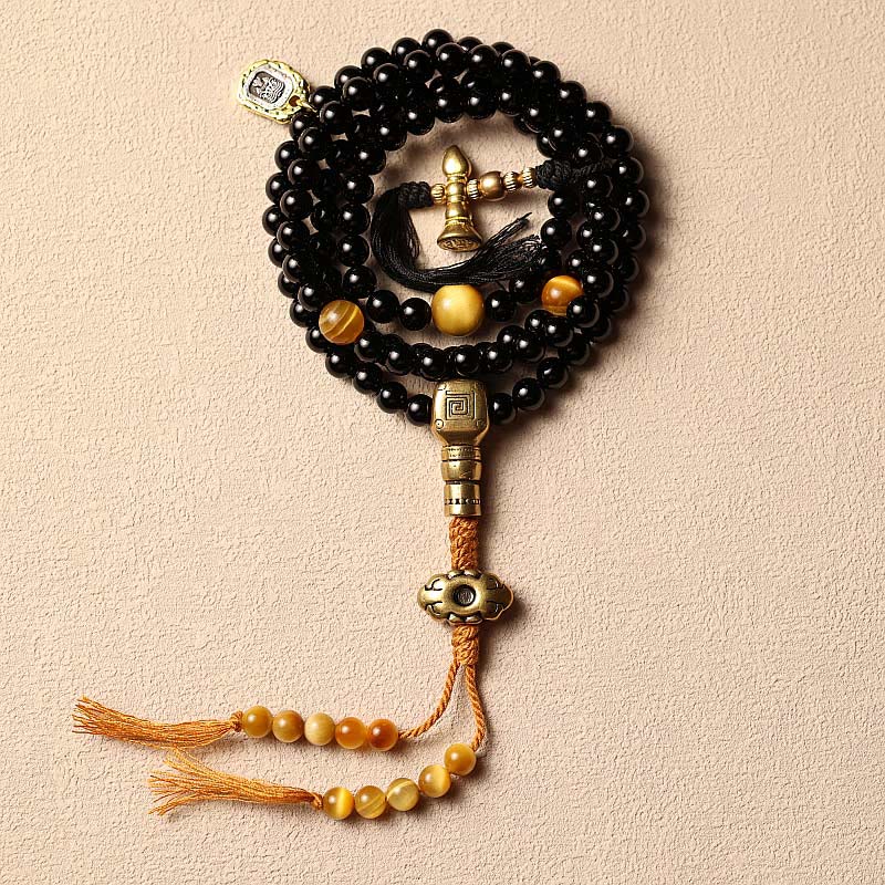 Buddha Stones Tibetan 108 Mala Beads Black Onyx Tiger Eye Beads Nine Palaces Bagua Protection Bracelet Mala Bracelet BS Black Onyx&Copper 8mm